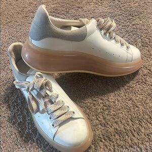Alexander McQueen White and Tan Platform Sneakers